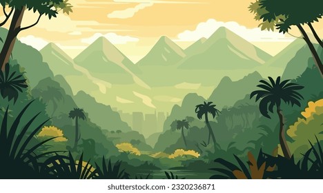 Jungle flat cartoon landscape background. Vector illustration