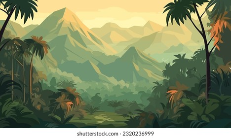 Jungle flat cartoon landscape background. Vector illustration