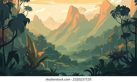 Jungle flat cartoon landscape background. Vector illustration