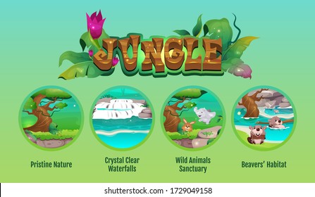 Plantilla de infografía conceptual del vector de color plano de la jungla. Selva tropical. Afiche, folleto, diseño de la página PPT con personajes de dibujos animados.