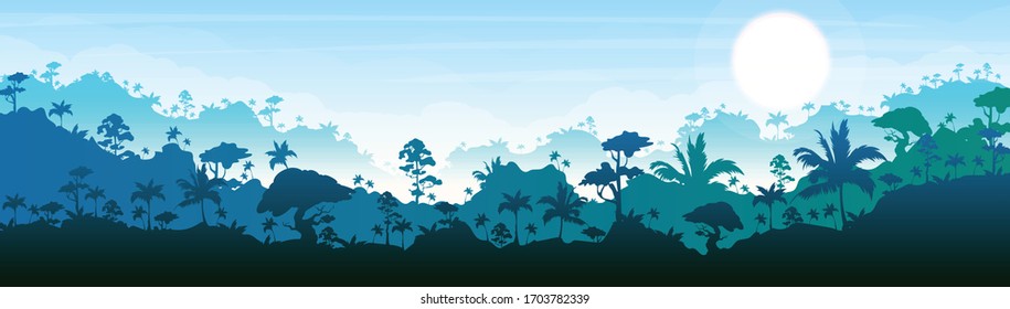 Jungle flat color vector illustration. Blue forest scenery. Bright panoramic woods. Tropical scenic nature. Idyllic environment. Rainforest 2D cartoon landscape with layers on background