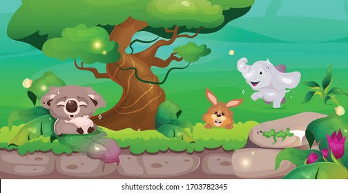 Ilustración vectorial de color plano de la jungla. Coala cerca del árbol. El conejo y el elefante en la vegetación. Sactuario animal. Conservación de la vida silvestre. Paisaje tropical de dibujos animados 2D con vegetación en segundo plano