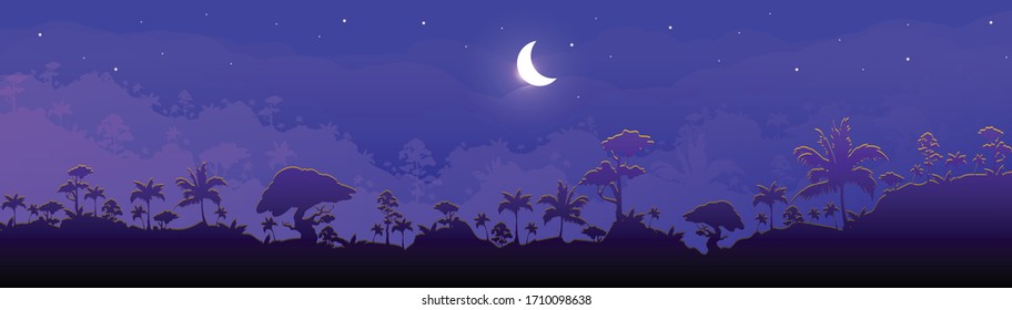 Jungle flat color vector illustration. Night forest scenery. Panoramic woods with cresent moon. Tropical scenic nature with moonlight. Rainforest 2D cartoon landscape with layers on background