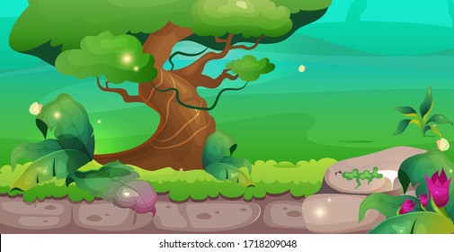 Jungle flat color vector illustration. Tree and greenery. Idyllic wild park. Exotic woods sactuary. Wildlife preservation. Tropical 2D cartoon landscape with greenery on background
