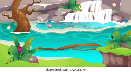 Jungle flat color vector illustration. Clear waterfall. Idyllic pond in exotic woods for recreation and travel. Wild environment. Tropical 2D cartoon landscape with greenery on background