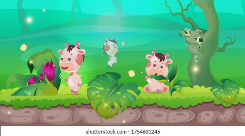 Ilustración vectorial de color plano de jungla. Pequeñas jirafas en la conservación de la selva. Coala en el árbol. Sactuario animal. Conservación de la vida silvestre. Paisaje tropical de dibujos animados 2D con vegetación en segundo plano