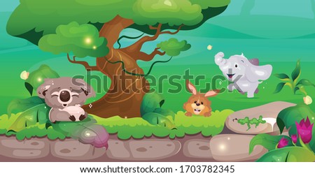Jungle flat color vector illustration. Coala near tree. Cute rabbit and elephant in greenery. Animal sactuary. Wildlife preservation. Tropical 2D cartoon landscape with greenery on background