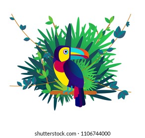 jungle, flat style, Toucan, palm leaves and vines , vector illustration