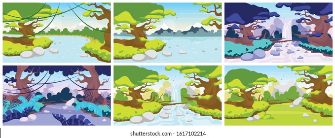 Jungle flat vector illustration. Mediterranean fauna. Tropical forest landscape. Panoramic scene with trees and rivers. Exotic wild land. Amazon waterfall. Rainforest cartoon background