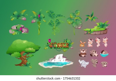 Jungle flora and fauna cartoon vector objects set. Rainforest plants constructor. Color illustrations collection. Koala, lamb and beaver cute animals pack isolated on green and violet background