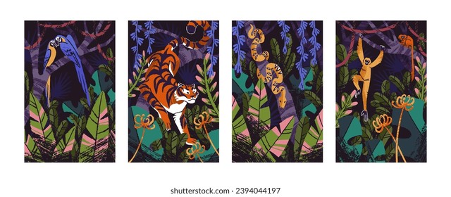 Flora y fauna de la selva. Animales tropicales en selva tropical: tigre, mono, serpiente, macao azul. loros amazónicos, pitón exótico en un árbol. Marmoset dorado, gibones en hojas de palma. Ilustración vectorial plana