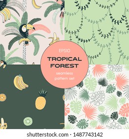 Jungle flora seamless pattern set. Toucan, palm leaf backgrounds pack. Jungle bird. Liana branches. Exotic fruits. Rainforest, fauna. Decorative textile, wallpaper, wrapping paper vector design