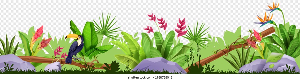 Borde floral de jungla, ilustración de naturaleza tropical vector, tocano, hierba verde, hojas, piedra, flores exóticas. Marco de selva tropical de verano, follaje exuberante, vida silvestre amazónica. Frontera de la selva de Hawái, arbusto de jardín