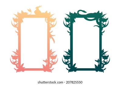 Jungle Floral Frame Decoration Set. Collection of decorative rectangular floral frames. Jungle and tropical theme illustration with leaves, flowers, bird and snake silhouette. Elegant stylized design.