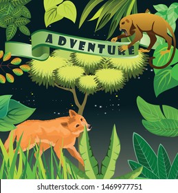 Jungle floral frame, template design, wolf in the jungle ape on tree branch, 