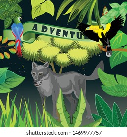 Jungle floral frame, template design, wolf in the jungle bird on tree branch, 