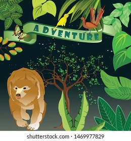Jungle floral frame, template design, bear walking bird on tree branch, .
