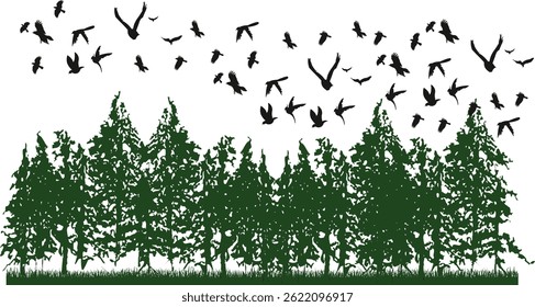 Jungle and Flying Birds Silhouette Vector Art Design