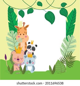 jungle foliage and animals with banner