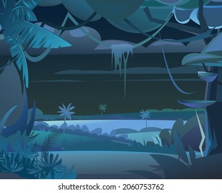 Jungle foliage. Beautiful Dark night landscape. Dense thickets. View from the Tropical forest panorama. Southern Rural Scenery. Illustration in cartoon style flat design. Vector.