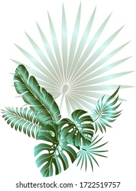 Jungle foliage design for postcard, label, web design or post in social networks. Paradise nature element. Botanical vector illustration isolated on white background.