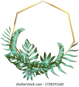 Jungle foliage design for postcard, label, web design or post in social networks. Paradise nature element. Botanical vector illustration isolated on white background.