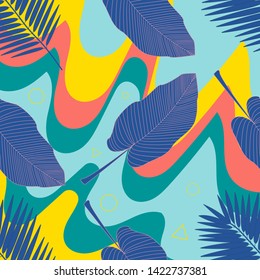 Jungle foliage illustration. Colorful tropical print. Floral vintage seamless pattern. Summer tropical illustration. Exotic vector illustration. Palm monstera seamless pattern. Baroque pattern.