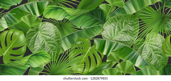 Jungle Foliage Seamless Pattern, 3d Vector Realistic Background