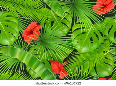 Jungle foliage seamless pattern. 3d vector realistic background