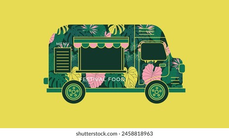 Jungle food truck es una ilustración divertida y colorida de una camioneta vintage adornada con exuberantes hojas tropicales, que trae la emoción y la aventura de la selva.