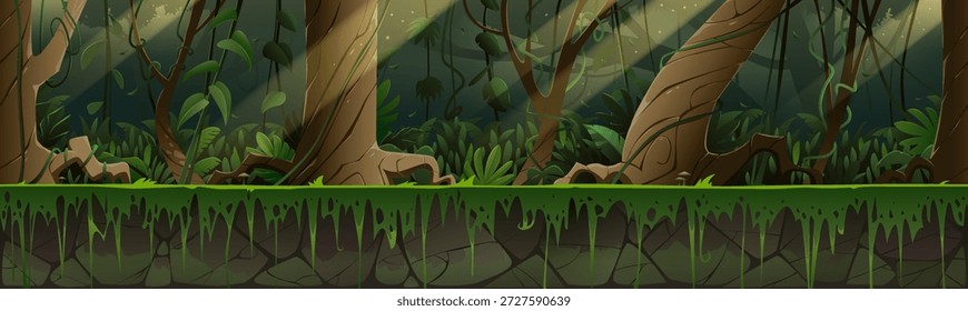 Dschungelwald 2d Spiel Hintergrund. Horizontale nahtlose Dschungel Regenwald 2d Spiel Hintergrund Design.