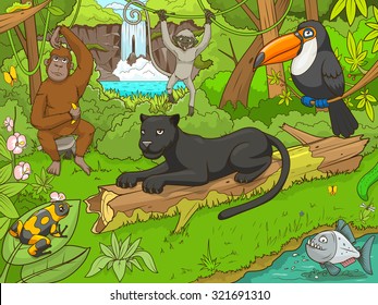 Jungle forest with animals cartoon vector illustration