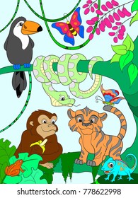 Jungle forest with animals cartoon vector illustration.