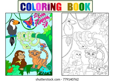 Jungle forest with animals cartoon vector illustration. Black and white