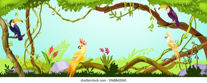 Jungle forest background, nature green wood landscape, toucan, parrot, liana, tree branches, stone, grass. Exotic paradise game environment illustration, tropical flowers. Jungle frame background