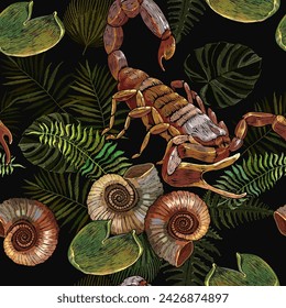 Jungle forest background. Scorpion and palm leaves. Seamless pattern. Embroidery. Template for clothes. Romantic tropical night art