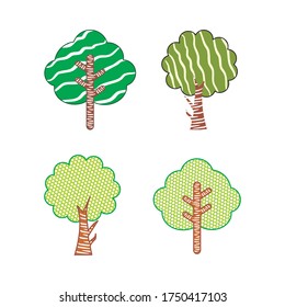 Selva o bosque grandes árboles verdes aislados colección o conjunto vectorial. Plantilla de planta botánica con espacio para escritura.