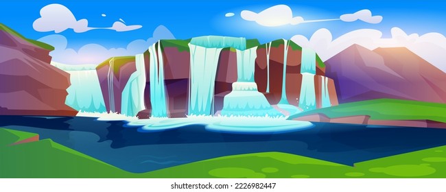 Jungle forest cartoon landscape with waterfall. Tropical natural scenery with cascade of rocks with flow water to creek or lake. River stream flowing from stones in wild park