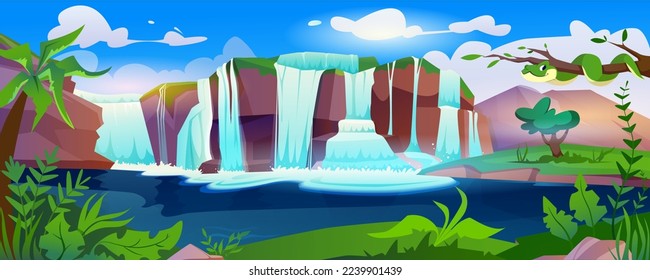 Jungle forest cartoon landscape with waterfall cascade. Tropical natural scenery of wild park with lake, palm tree, green fern leaves and boa on branches. River stream flowing from stones to creek.