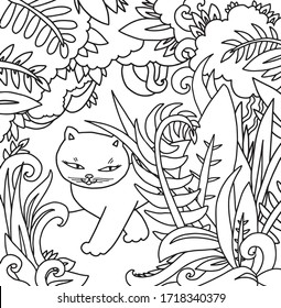 jungle forest cat mysterious walk leaves fern trees  coloring page book black and white art therapy relax psychology