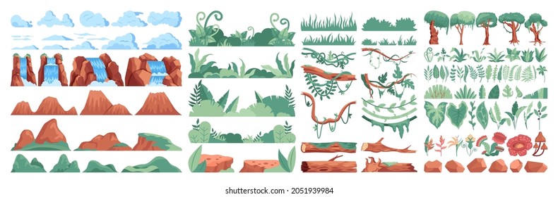 Jungle forest constructor set. Tropical trees, bushes and lianas. Decorative composition of jungle plants and flowers. Mountains, rocks and waterfalls. Flat vector illustration