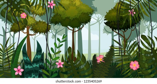 Jungle forest and flowers. Trees, leaves, flowers, parallax. Template for video and web design, apps, online games, print. Poster, baner, vector, isolated, cartoon style