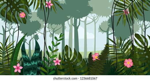 Jungle forest and flowers. Trees, leaves, flowers, parallax. Template for video and web design, apps, online games, print. Poster, baner, vector, isolated, cartoon style