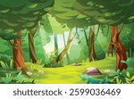 Jungle forest with foliage, trees, and bright sunlight filtering through the leaves. Vector cartoon landscape illustration