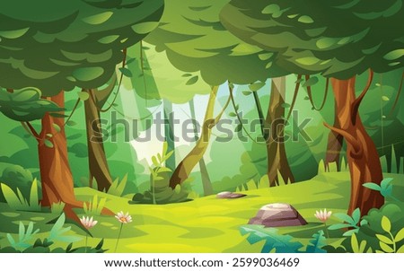 Jungle forest with foliage, trees, and bright sunlight filtering through the leaves. Vector cartoon landscape illustration