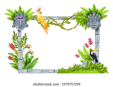 Jungle forest frame, vector stone tropical nature background, game UI object, toucan, parrot, maya tiki mask. Floral exotic Hawaii border, paradise flowers, banana leaf. Jungle frame, liana, vine