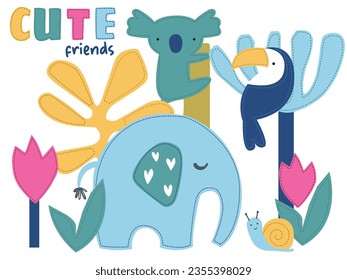 JUNGLE FOREST FRIENDS DOODLE GRAPHIC FOR TEE SHIRTS CLOTHES NURSERY PLAY AREA AND FOR KIDS ROOM DESIGNED FOR BABIES INFANTS AND TODDDLER VECTOR ILLUSTRATION