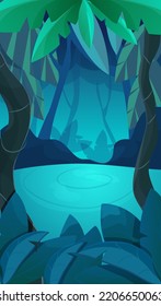 Jungle Forest Game Splash Screen, Vertical Background Dark Magic Night In Cartoon Style. Ui Design Elements Trees, Plants, Leaves