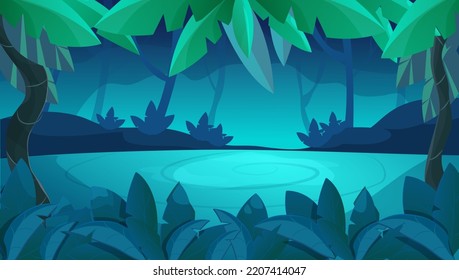 Jungle Forest Game Splash Screen, Horizontal Background Dark Magic Night In Cartoon Style. Ui Design Elements Trees, Plants, Leaves