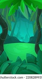 Jungle Forest Game Splash Screen, Vertical Background Dark Magic Night In Cartoon Style. Ui Design Elements Trees, Plants, Leaves